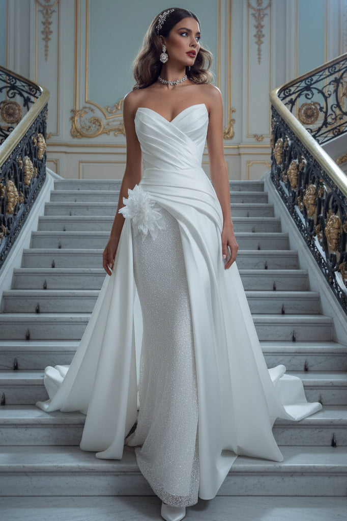 Draped V-neckline Sleeveless Back Zip-closure 3D Floral Sheath Satin Wedding Dress