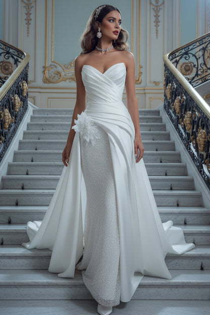 Draped V-neckline Sleeveless Back Zip-closure 3D Floral Sheath Satin Wedding Dress