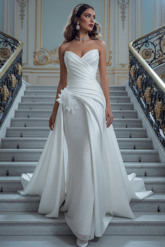 Draped V-neckline Sleeveless Back Zip-closure 3D Floral Sheath Satin Wedding Dress