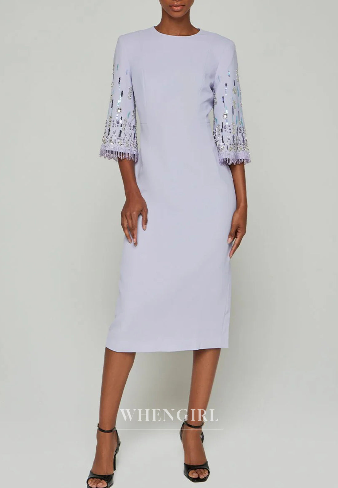 Sheath Bateau Neck Half Sleeves Beaded Tea Length Back Zipper Evening Dress