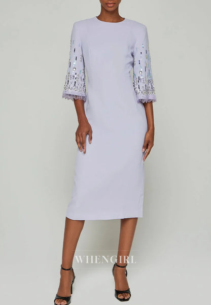 Sheath Bateau Neck Half Sleeves Beaded Tea Length Back Zipper Evening Dress