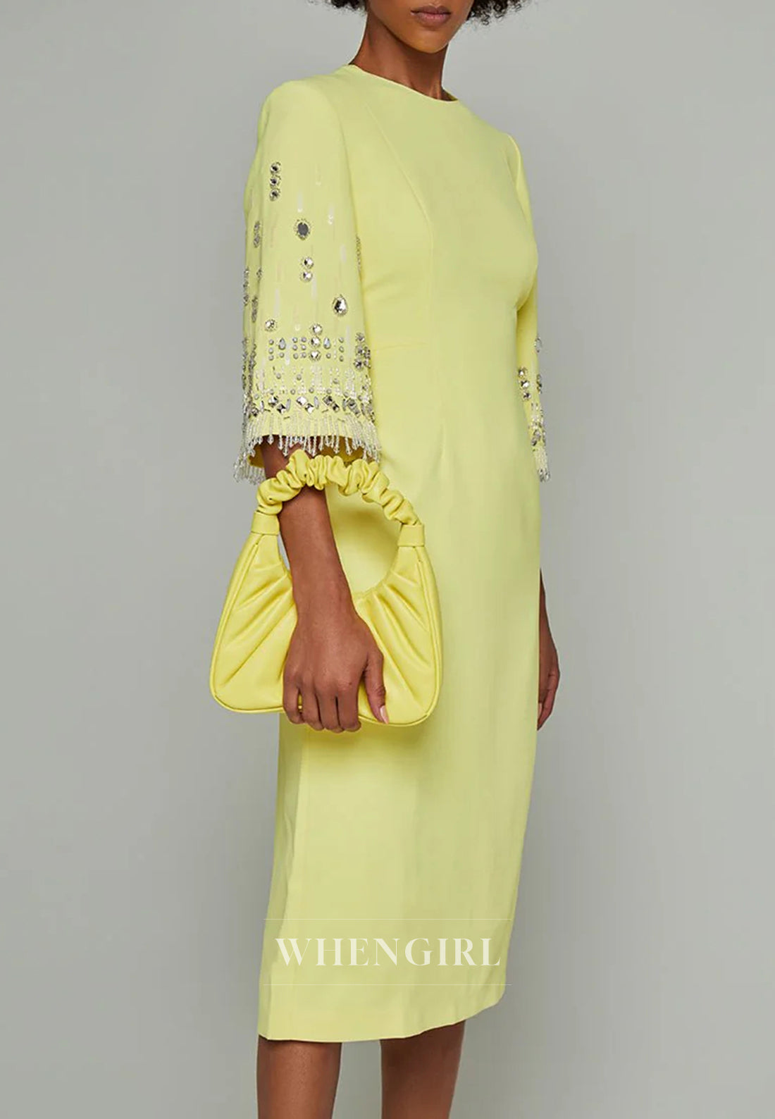 Sheath Bateau Neck Half Sleeves Beaded Tea Length Back Zipper Evening Dress