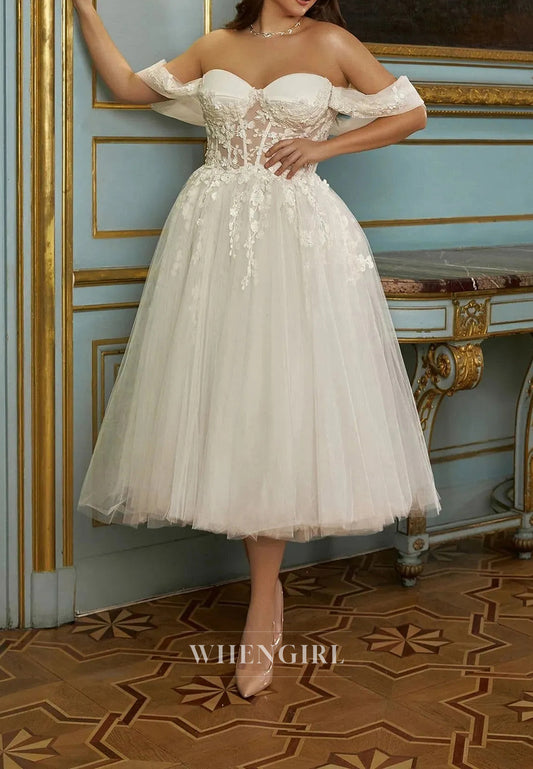 A-Line Sweetheart Appliqued Lace Tea-Length Tulle Wedding Dresses