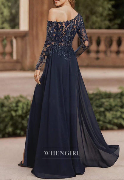 Nacy Sheath One Shoulder Lace Long Sleeves Side Slit Floor Length Mother of the Bride Dress