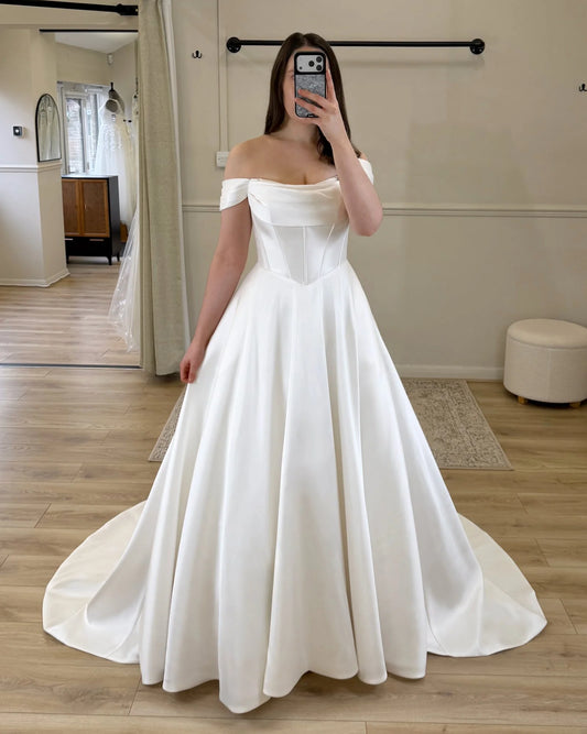 A-Line Satin Court Train Off Shoulder Wedding Dress