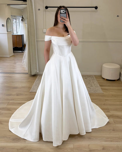 A-Line Satin Court Train Off Shoulder Wedding Dress