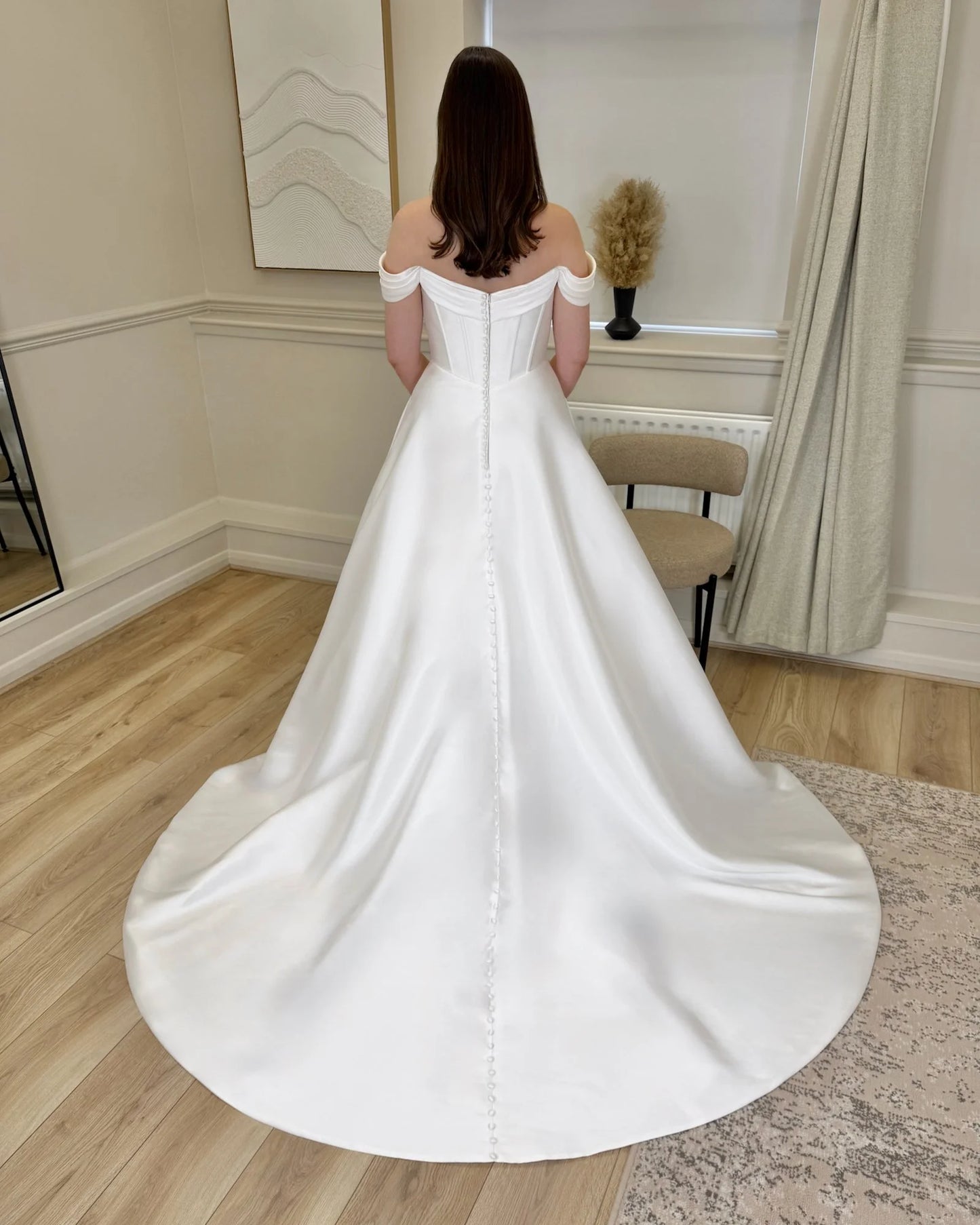 A-Line Satin Court Train Off Shoulder Wedding Dress