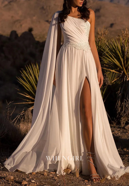 A-Line Side Split Pleated One Shoulder Chiffon Beading Wedding Dress with Train