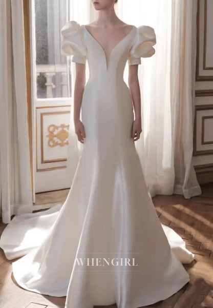 Vintage Classic V Neck Bubble Sleeves Ivory Mermaid Beading Illusion Back Wedding Dress