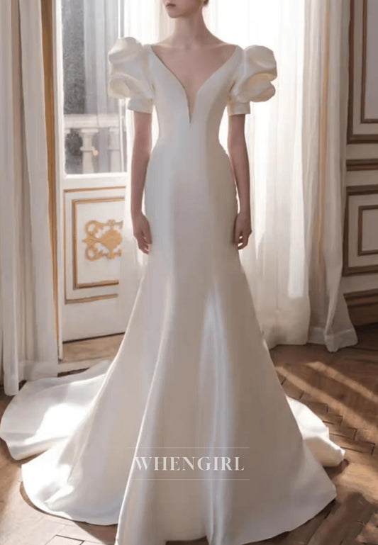 Vintage Classic V Neck Bubble Sleeves Ivory Mermaid Beading Illusion Back Wedding Dress