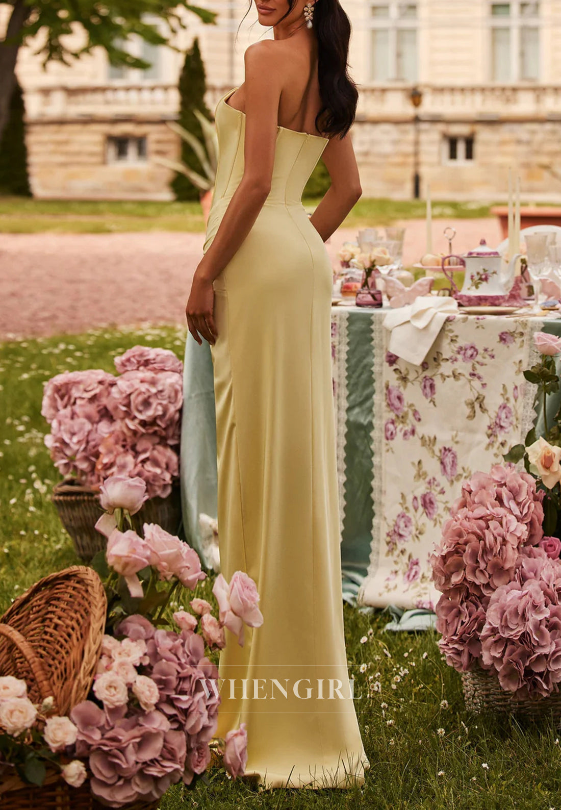 Sheath V Neck Sleeveless Back Zipper Side Slit Pleated Prom Dress