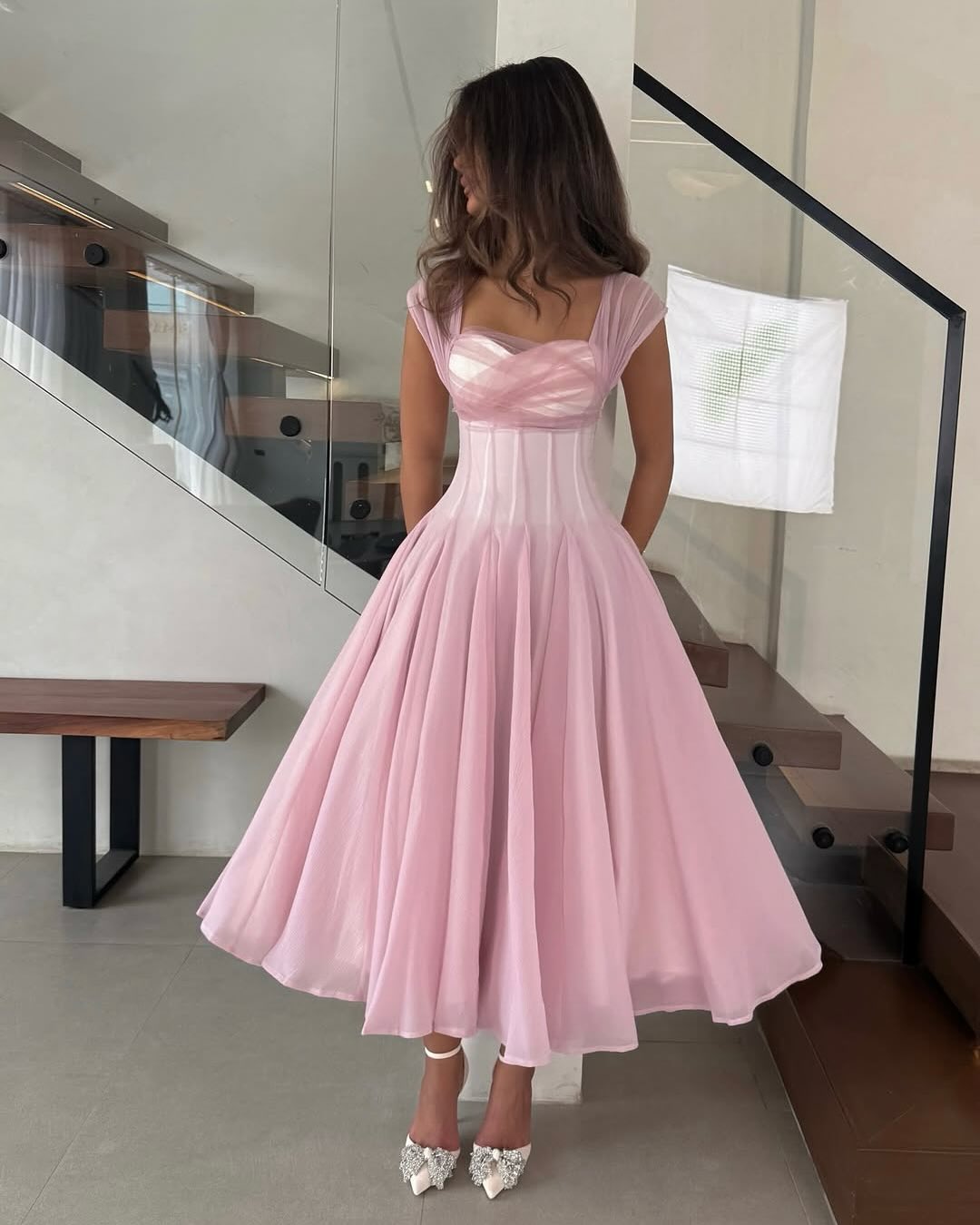 Pale Blush Cap Sleeves Pleated A-Line Sweetheart Long Formal Evening Dress