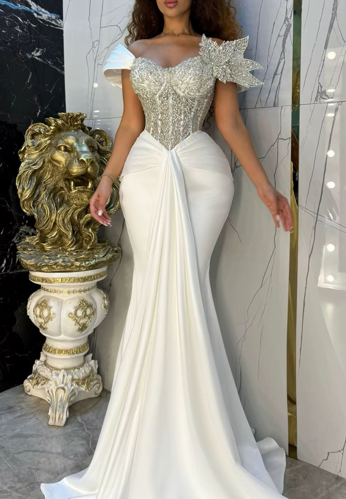 Off Shoulder Beaded Sheath Satin Bridal Gowns