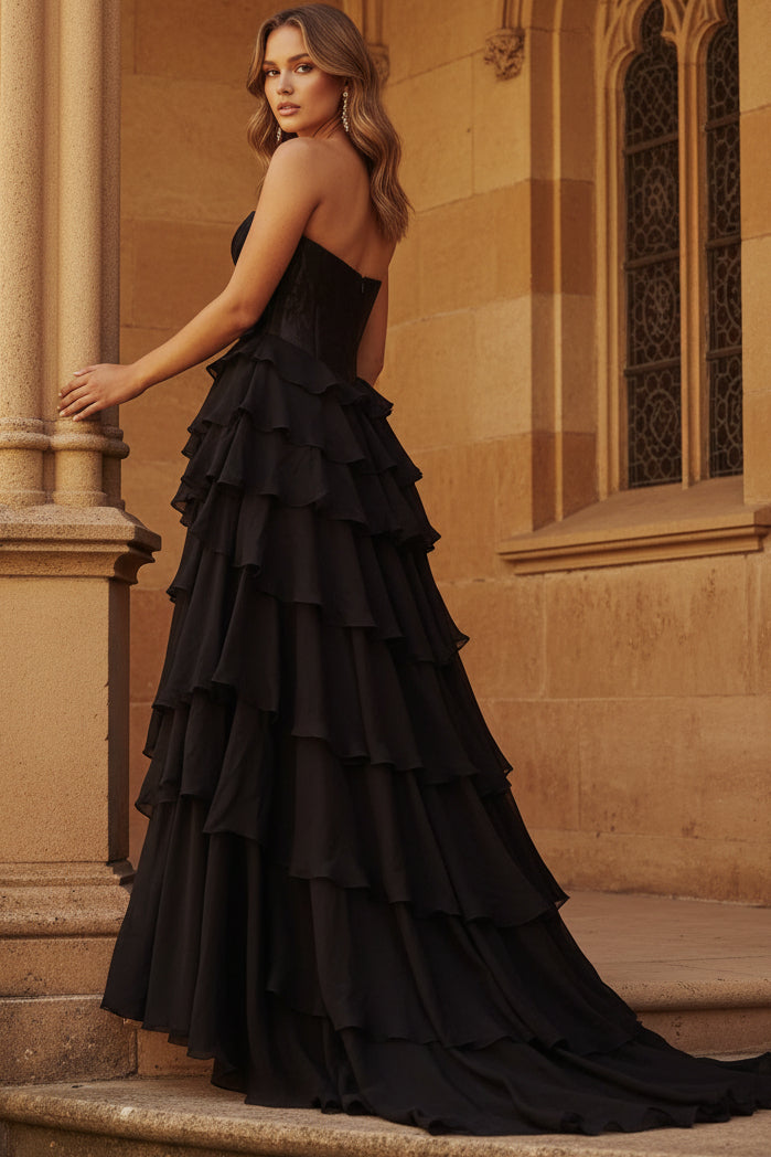 Women's Sweetheart Chiffon Ruffled Beaded Prom Dresses Long A Line Formal Gowns