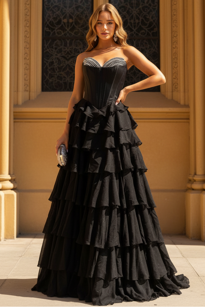 Women's Sweetheart Chiffon Ruffled Beaded Prom Dresses Long A Line Formal Gowns