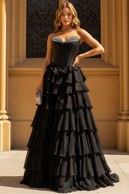 Women's Sweetheart Chiffon Ruffled Beaded Prom Dresses Long A Line Formal Gowns