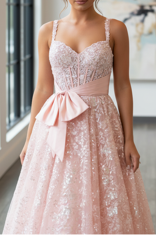 A-Line Sweetheart Neck Spaghetti Straps Sequins Lace Appliques Bow Knot Pink Prom Dress