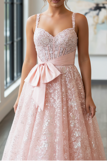 A-Line Sweetheart Neck Spaghetti Straps Sequins Lace Appliques Bow Knot Pink Prom Dress