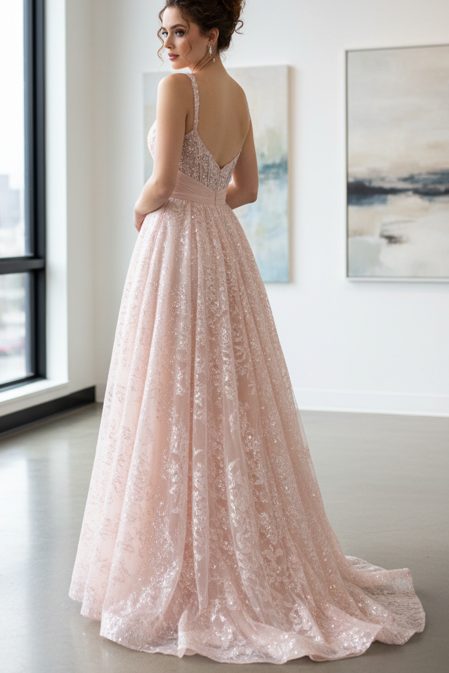 A-Line Sweetheart Neck Spaghetti Straps Sequins Lace Appliques Bow Knot Pink Prom Dress