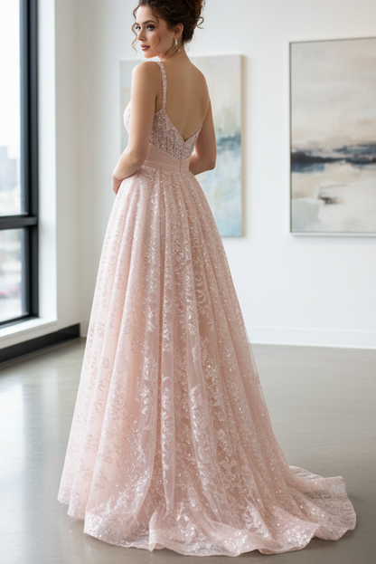 A-Line Sweetheart Neck Spaghetti Straps Sequins Lace Appliques Bow Knot Pink Prom Dress