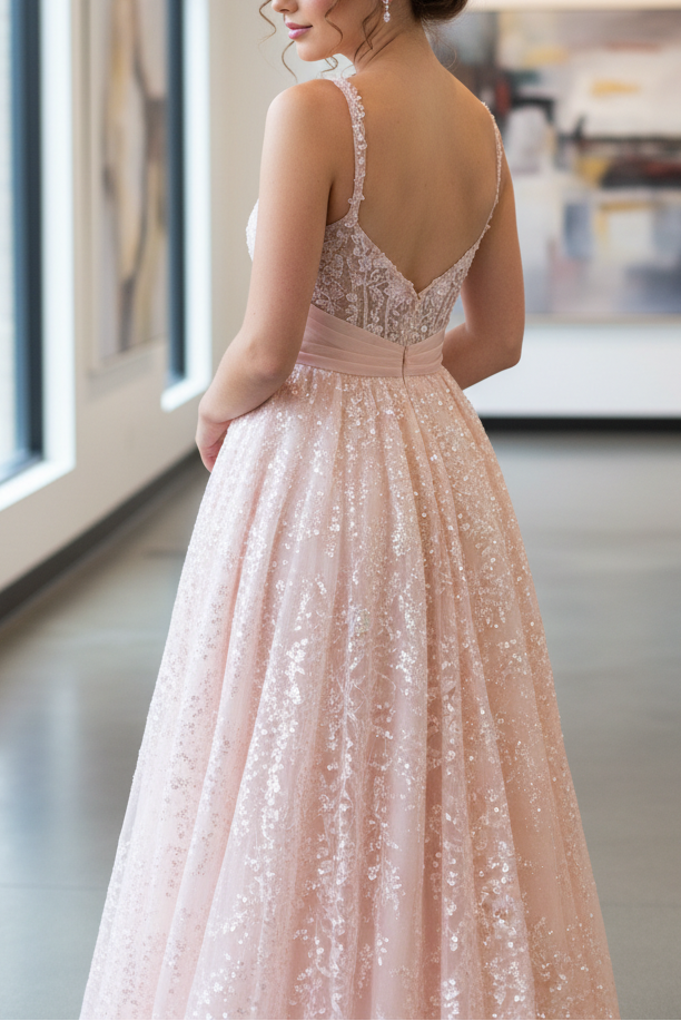 A-Line Sweetheart Neck Spaghetti Straps Sequins Lace Appliques Bow Knot Pink Prom Dress