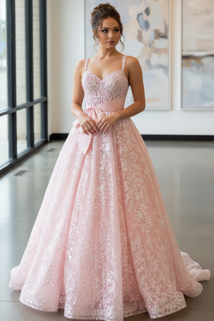 A-Line Sweetheart Neck Spaghetti Straps Sequins Lace Appliques Bow Knot Pink Prom Dress