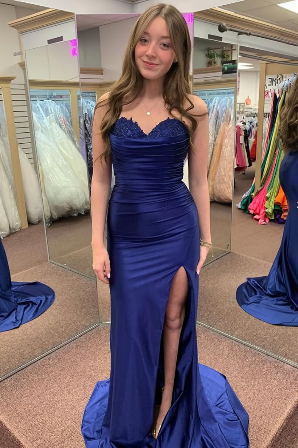 Shetah Strapless Sleeveless Appliques Ruched High Side Slit and Train Prom Dress