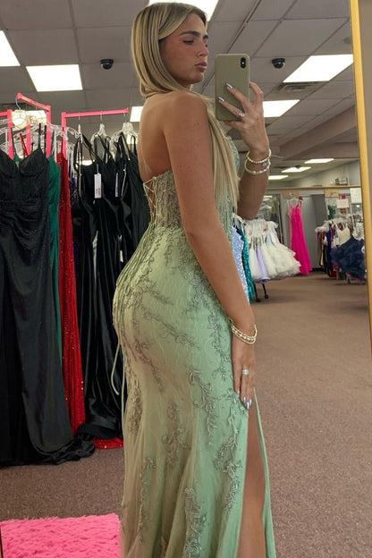 Sheath Boat Neck Sleeveless Appliques High Side Slit and Train Prom Dress