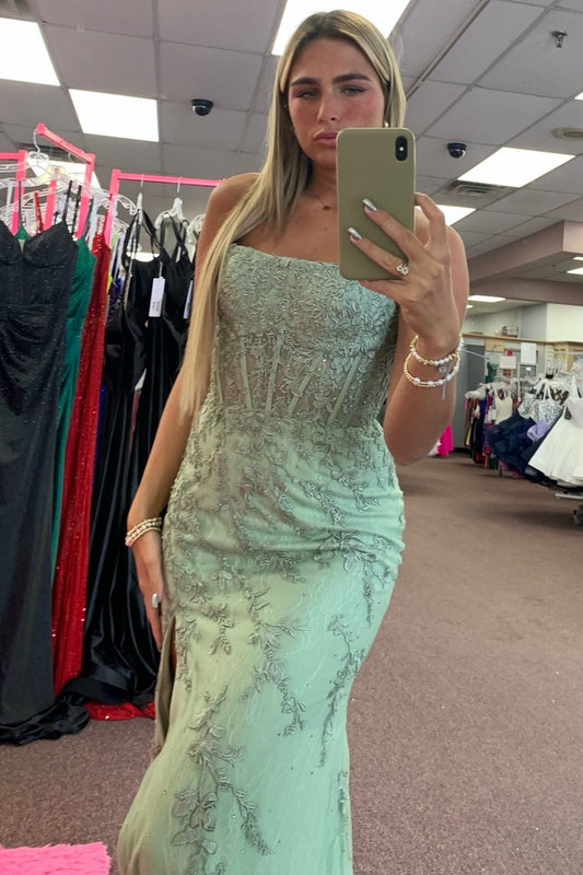 Sheath Boat Neck Sleeveless Appliques High Side Slit and Train Prom Dress