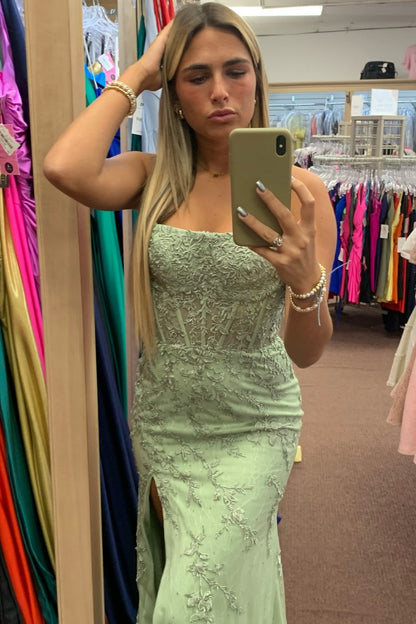 Sheath Boat Neck Sleeveless Appliques High Side Slit and Train Prom Dress