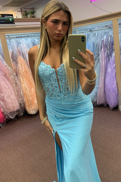 Sheath V Neck Spaghetti Straps Sleeveless Appliques High Side Slit and Train Prom Dress