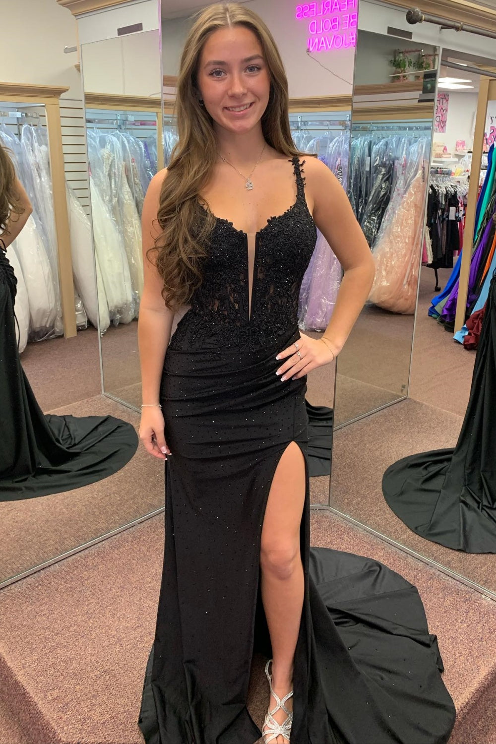 Sheath V Neck Spaghetti Straps Beaded Appliques High Side Slit and Train Prom Dress