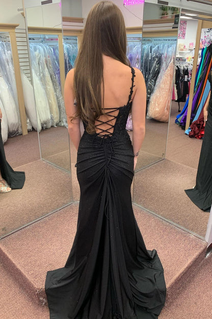 Sheath V Neck Spaghetti Straps Beaded Appliques High Side Slit and Train Prom Dress