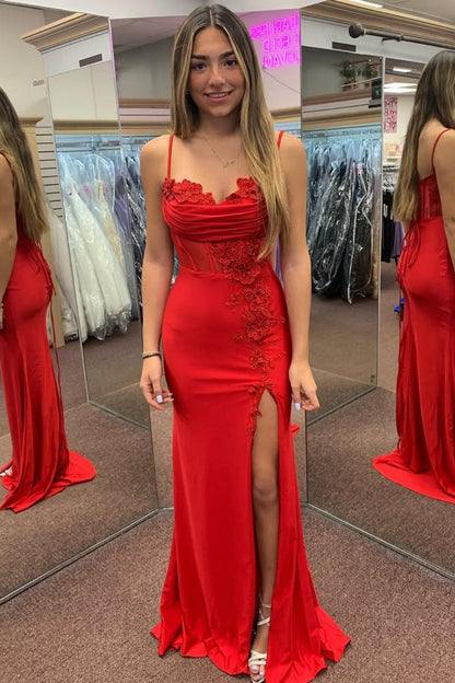 Sheath Strapless Spaghetti Straps Appliques High Side Slit and Train Prom Dress