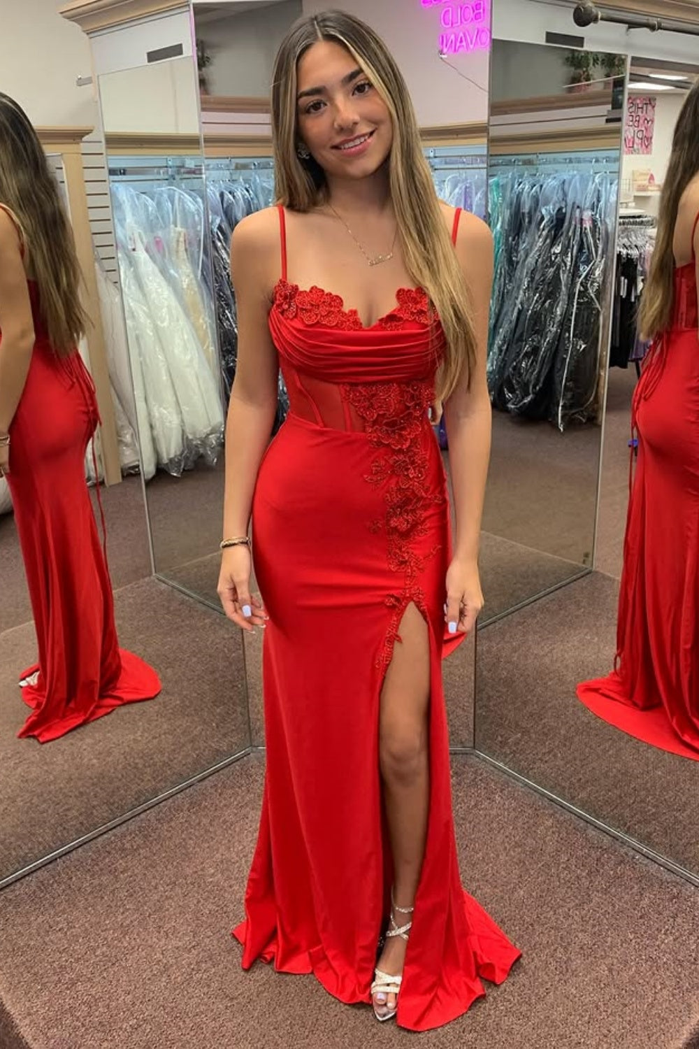 Sheath Strapless Spaghetti Straps Appliques High Side Slit and Train Prom Dress