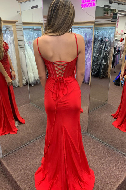 Sheath Strapless Spaghetti Straps Appliques High Side Slit and Train Prom Dress