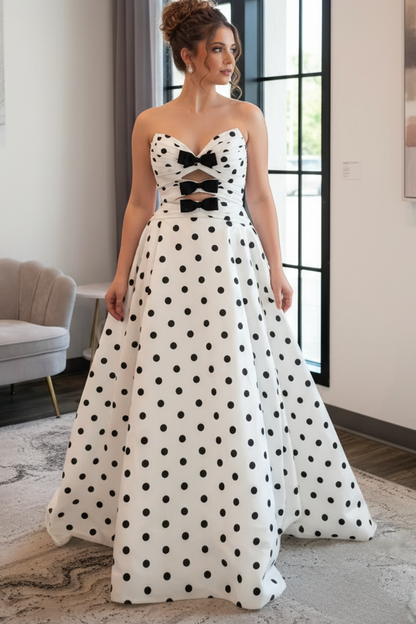 A-Line Strapless Sleeveless Bow Knot Polka Dots Train Prom Dress