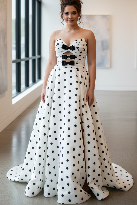 A-Line Strapless Sleeveless Bow Knot Polka Dots Train Prom Dress