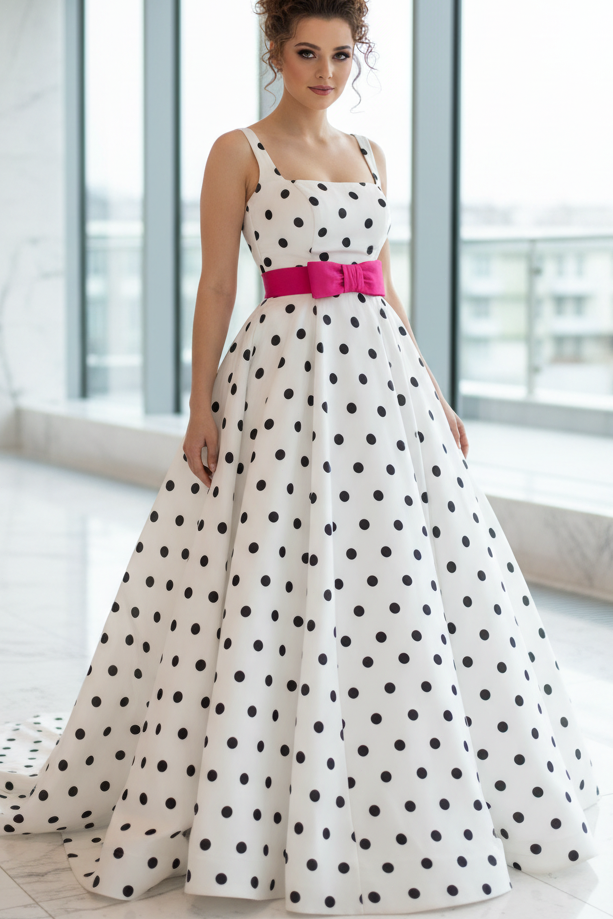 A-Line Square Neck Straps Sleeveless Bow Knot Polka Dots Prom Dress