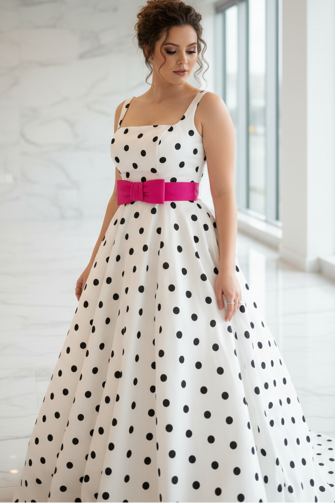A-Line Square Neck Straps Sleeveless Bow Knot Polka Dots Prom Dress