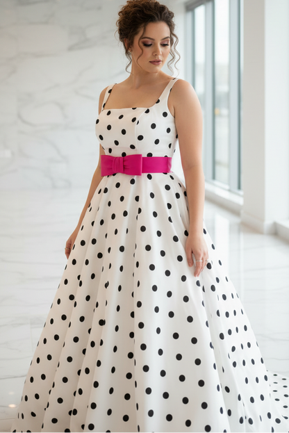 A-Line Square Neck Straps Sleeveless Bow Knot Polka Dots Prom Dress
