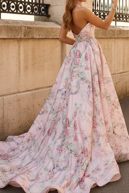 A Line V Neck Satin Prom Dresses Long Floral Print Backless Evening Gowns