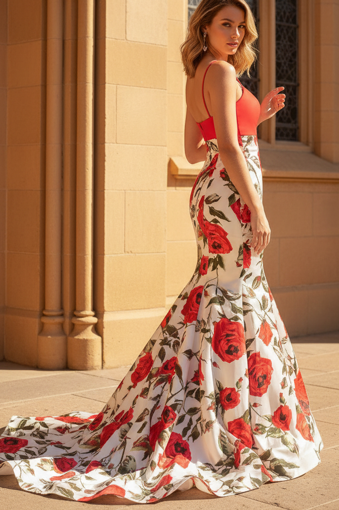 Mermaid Satin V Neck Prom Dresses Long Floral Print Evening Party Gowns