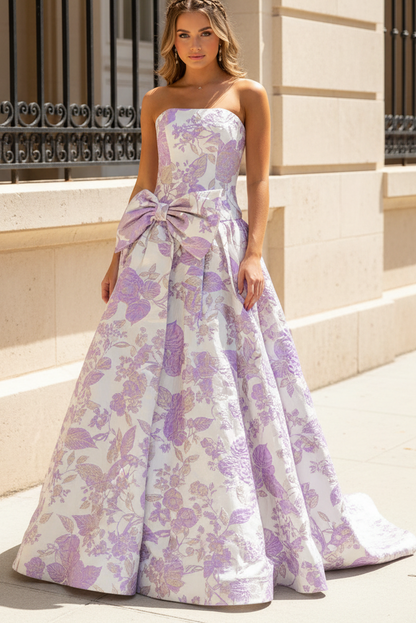 Women's A Line Satin Floral Print Long Prom Dresses Strapless Evening Formal Gowns