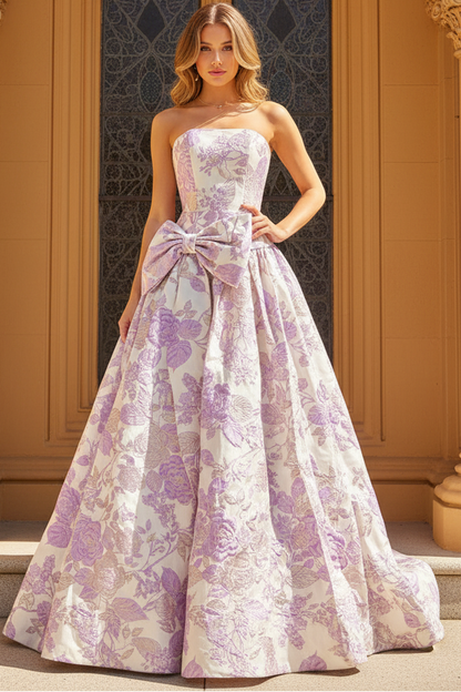 Women's A Line Satin Floral Print Long Prom Dresses Strapless Evening Formal Gowns