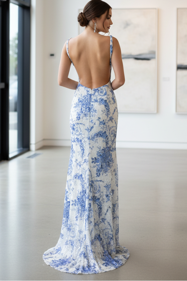 Mermaid V Neck Straps Beaded Sequins Flower Printer High Side Slit and Train Prom Dress