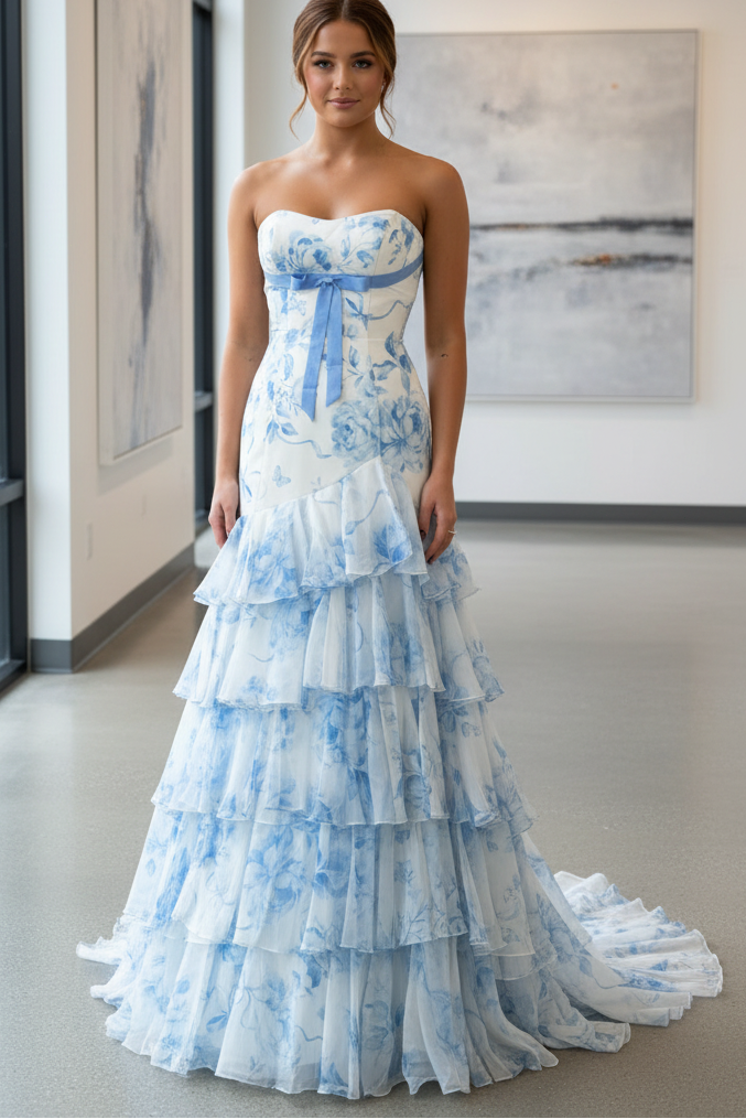 Mermaid Strapless Sleeveless Bow Knot Flower Printer Ruffles Tiered Prom Dress