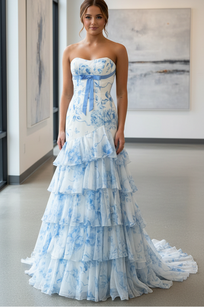 Mermaid Strapless Sleeveless Bow Knot Flower Printer Ruffles Tiered Prom Dress
