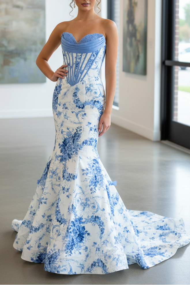 Mermaid Strapless Sleeveless Pleated Appliques Flower Printer Prom Dress