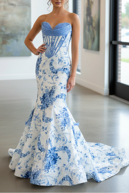 Mermaid Strapless Sleeveless Pleated Appliques Flower Printer Prom Dress